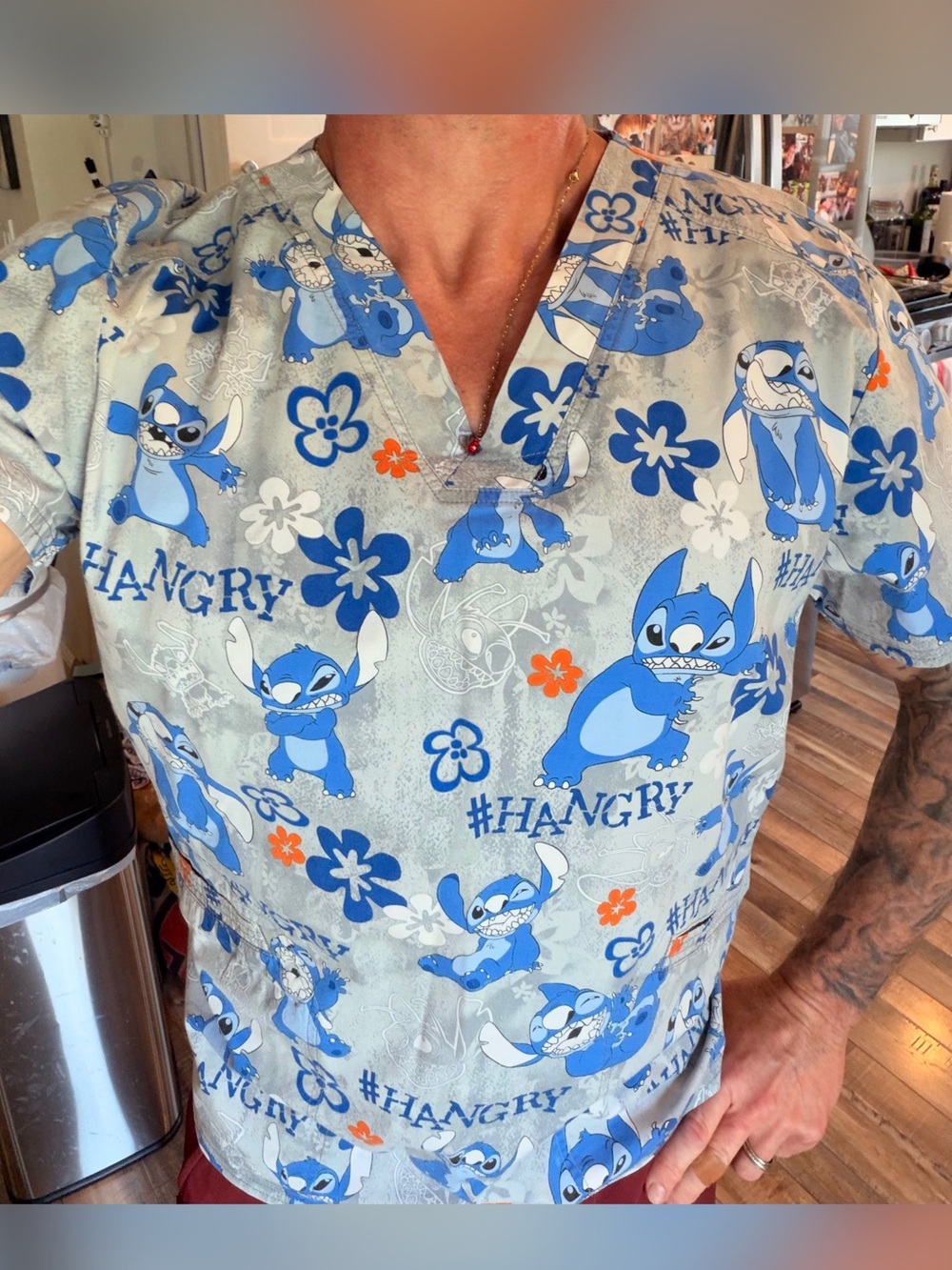 Disney Stitch #HANGRY Scrub Top Vet Tech Medical V-Neck